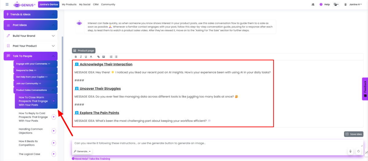 Genius AI suggesting how I could interact with people engaging with my posts for a higher likelihood they will want to try my product.
