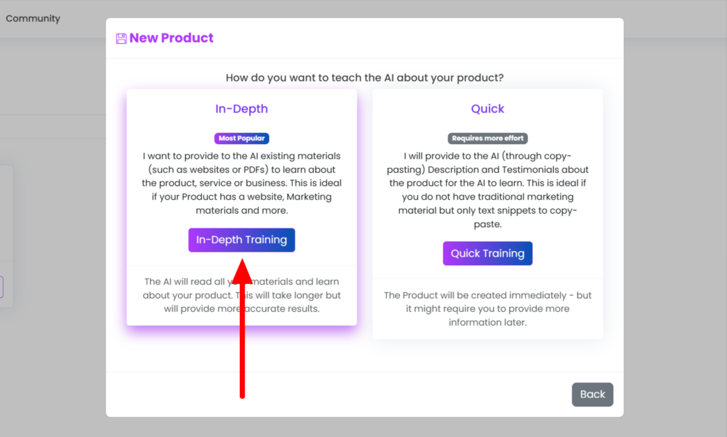 Selecting the "In-Depth" option for Genius AI to generate content from.