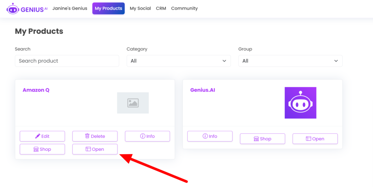 Selecting "Open" on a product added to Genius AI.