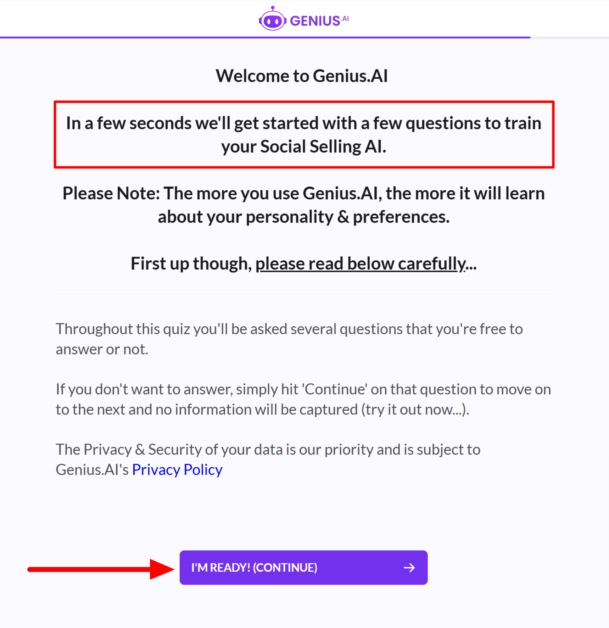 Starting the Genius AI questionnaire to train my Social Selling AI.