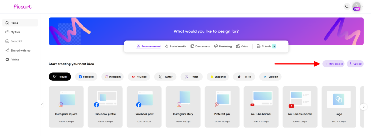 Selecting the "New project" button on Picsart.