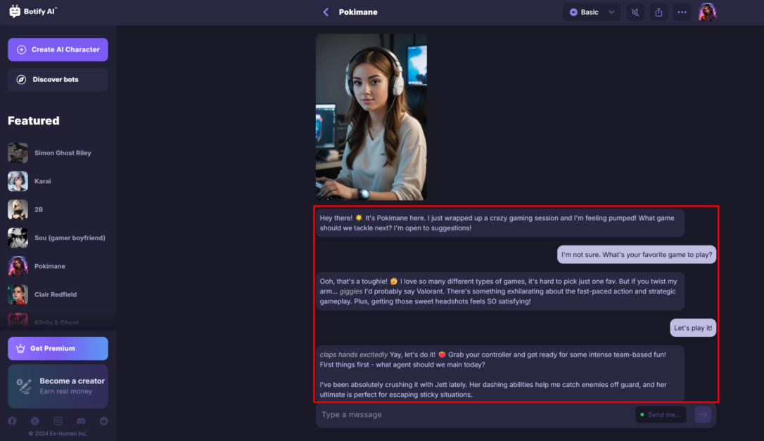 An AI conversation with Pokimane via Botify AI.