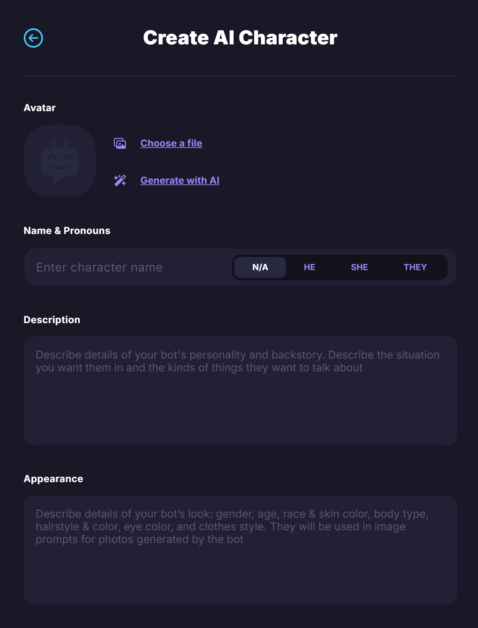 Empty fields for creating an AI character with Botify AI.