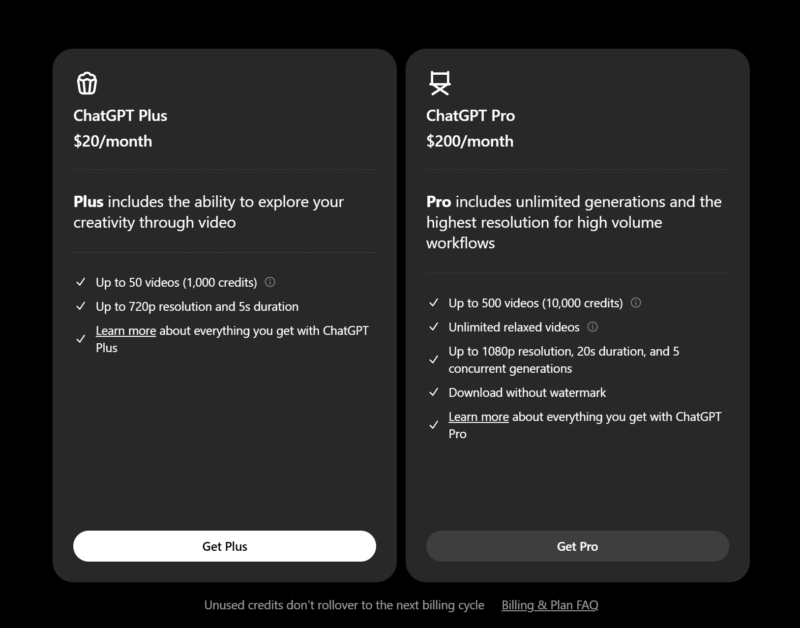 Selecting a ChatGPT plan to start using Sora AI.