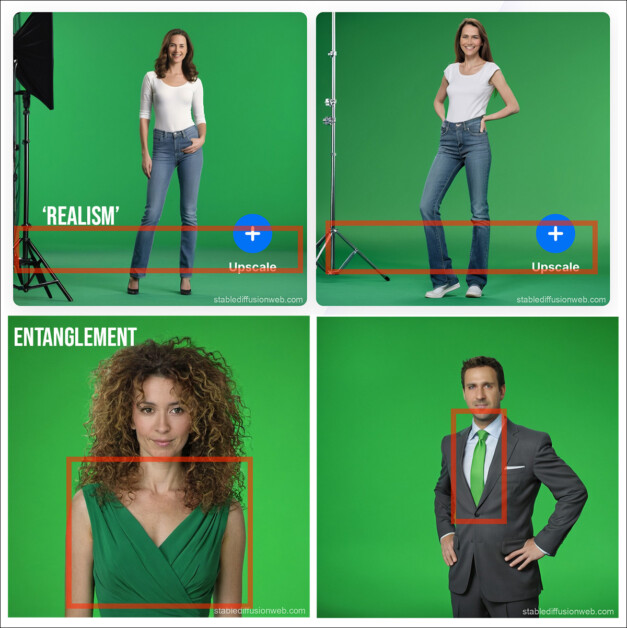 Above, we see that Stable Diffusion has prioritized authenticity of image over the need to create a single intensity of green, effectively replicating real-world problems that occur in traditional green screen scenarios. Below, we see that the 'green' concept has polluted the foreground image. The more the prompt focuses on the 'green' concept, the worse this problem is likely to get. Source: https://stablediffusionweb.com/