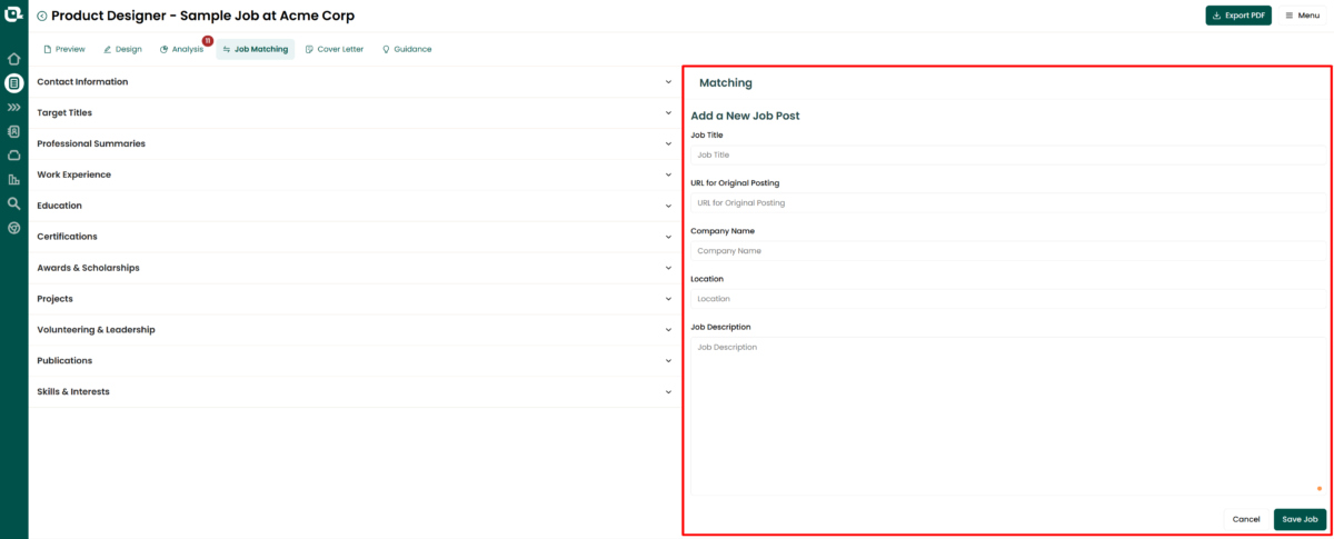 Manually adding a job to the Job Matcher in TealHQ.