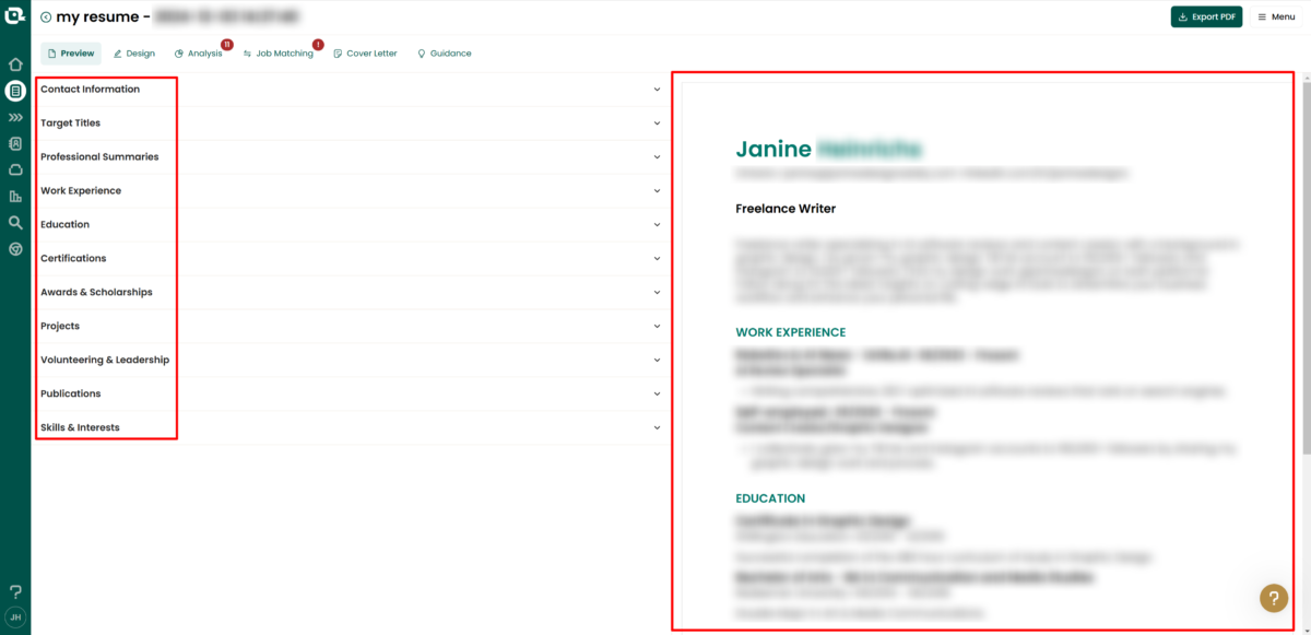 A resume generated with TealHQ and edit options on the left.