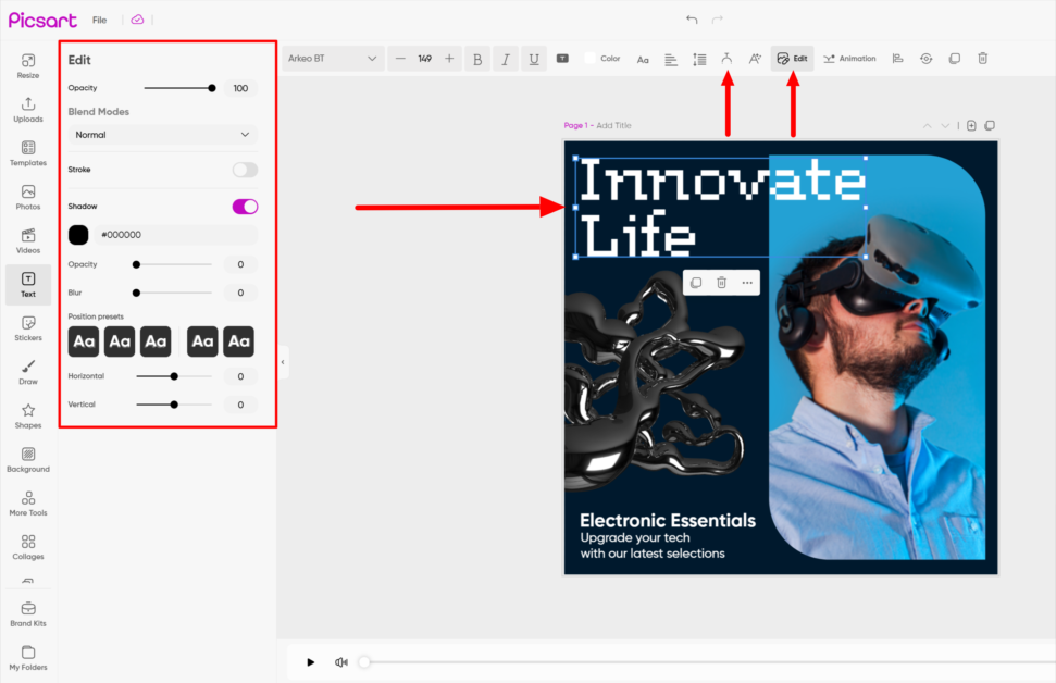 Selecting text from the canvas is Picsart and selecting tools to bend and apply shadows to text.