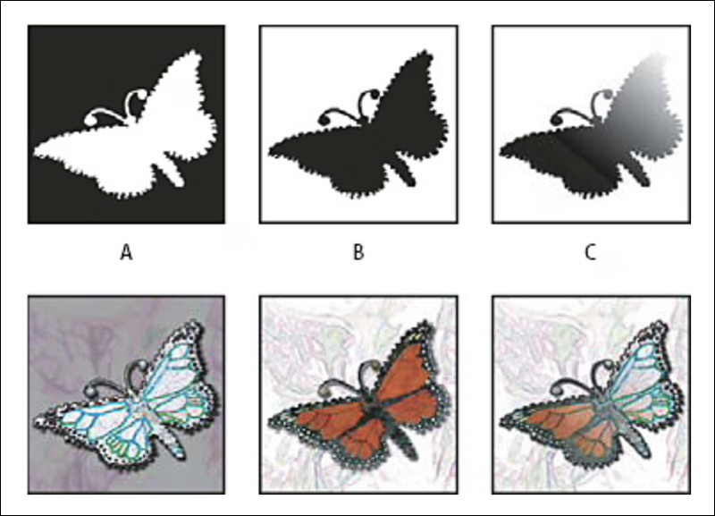 Examples of alpha channels, with their effects depicted in the lower row. Source: https://helpx.adobe.com/photoshop/using/saving-selections-alpha-channel-masks.html