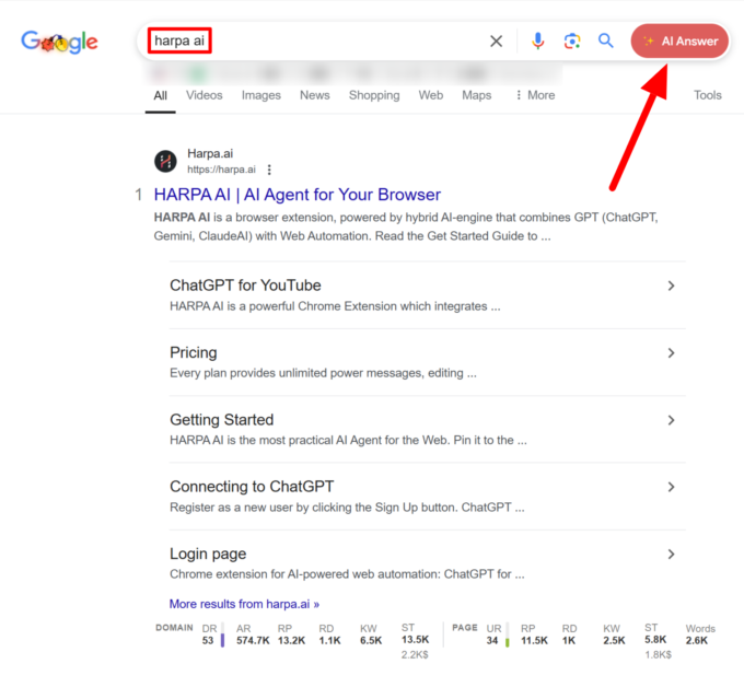 Searching "harpa ai" in Google and emphasizing the HARPA AI AI Answer button that appeared.