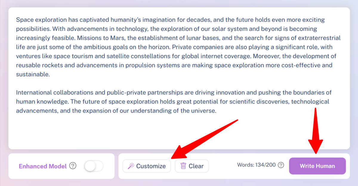 Selecting the "Customize" button on Writehuman to choose the desired tone of voice and hitting "Write Human" to humanize the AI content.