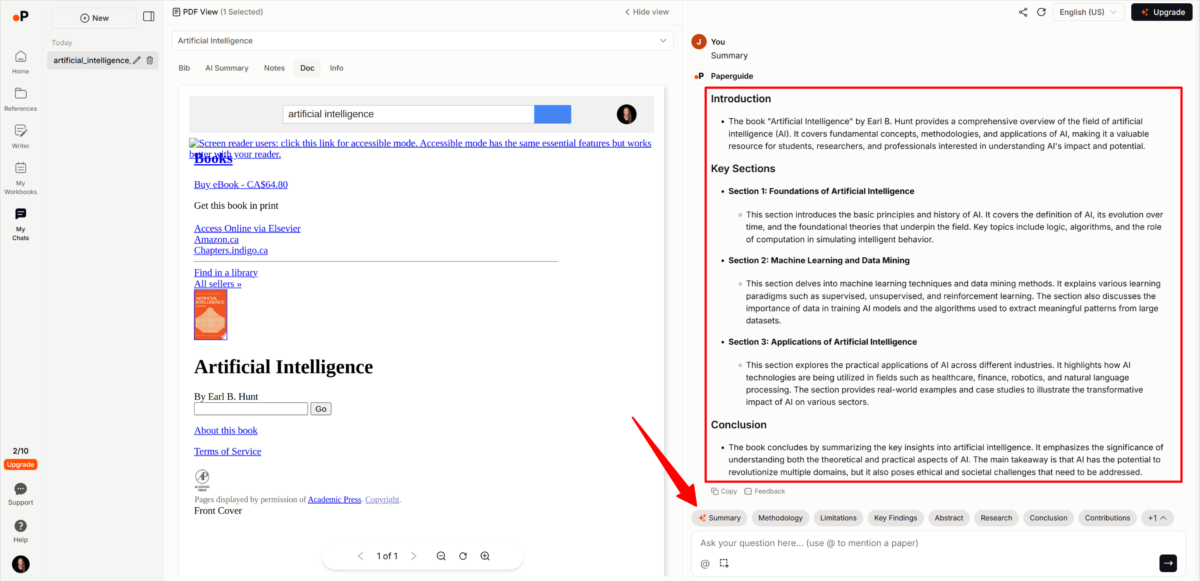 Getting Paperguide to generate a summary of a book that's been uploaded.