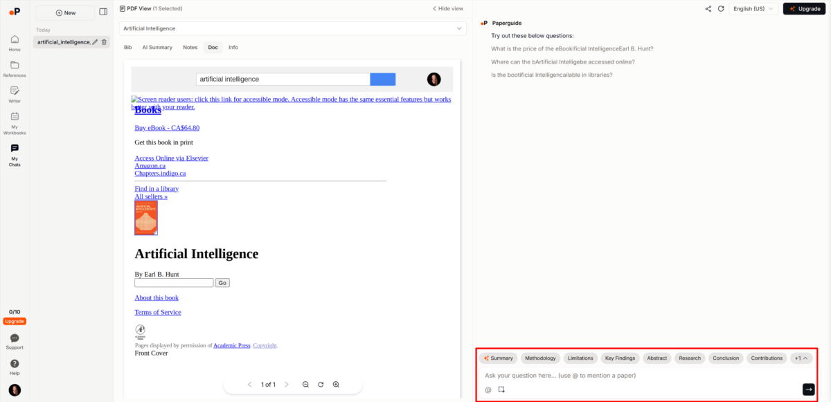 Chatting with Paperguide's AI about the book that's been uploaded.