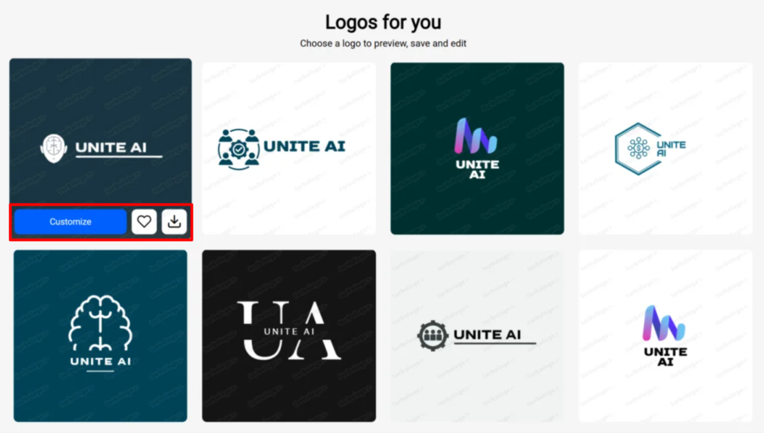 Choosing logos to preview, save, and edit within Turbologo.