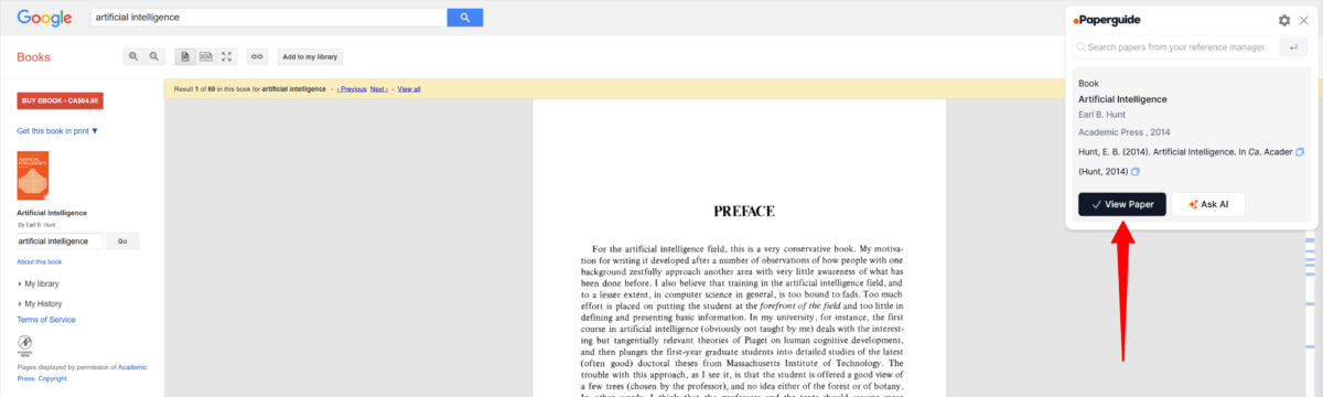 Selecting "View Paper" after adding a book as a reference to Paperguide.