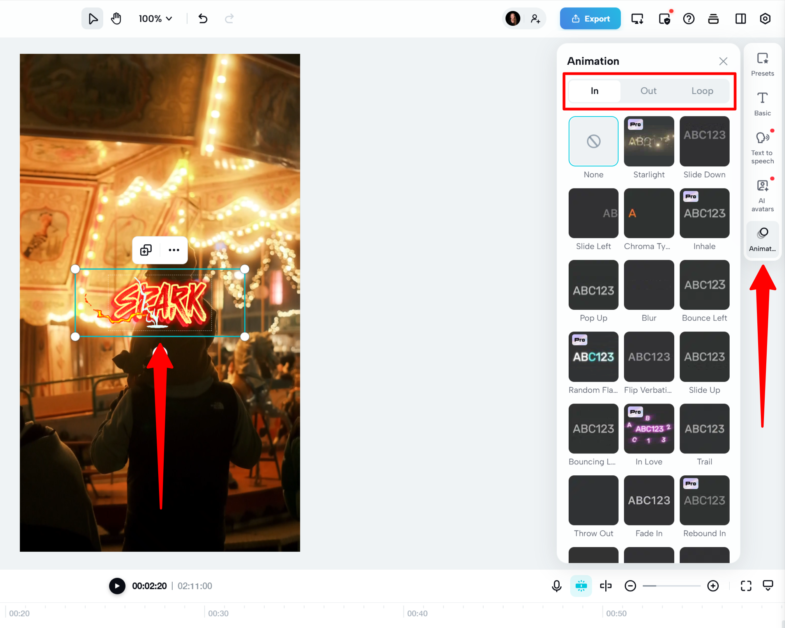 Selecting the animation of the text in CapCut.
