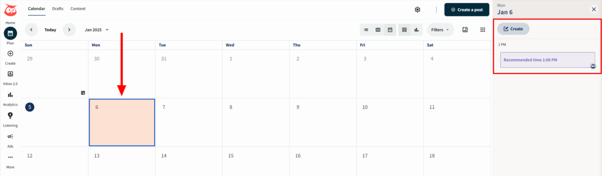 Selecting a date in Hootsuite's content planner to create a post.