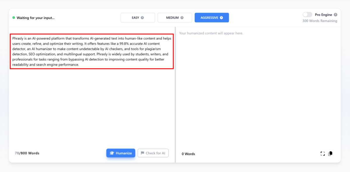 Pasting AI generated text into Phrasly's AI Humanizer.
