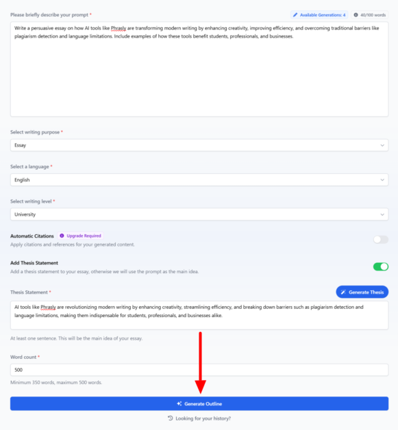 Generating an outline with Phrasly by filling out the empty fields.