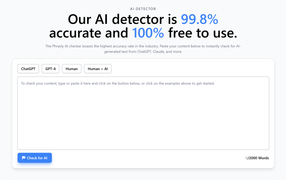 Phrasly's AI detector feature page.