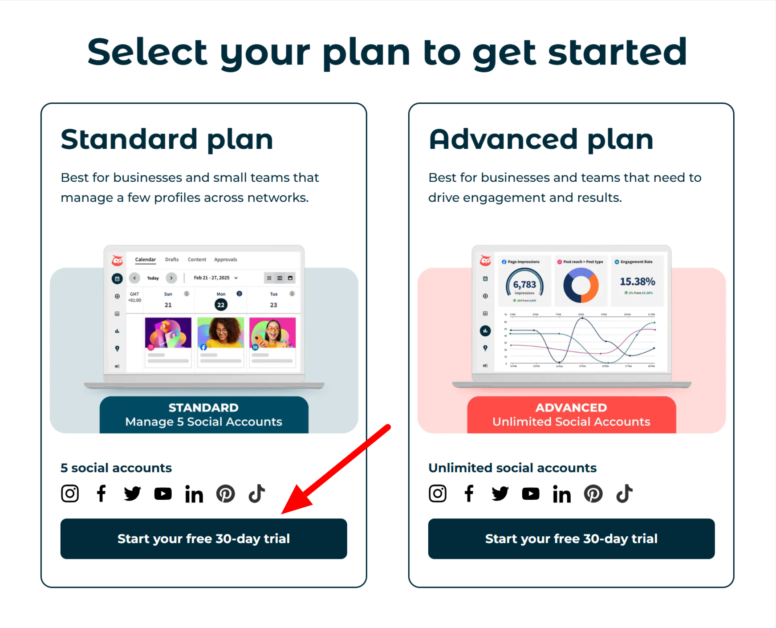 Starting Hootsuite's 30-day trial plan.