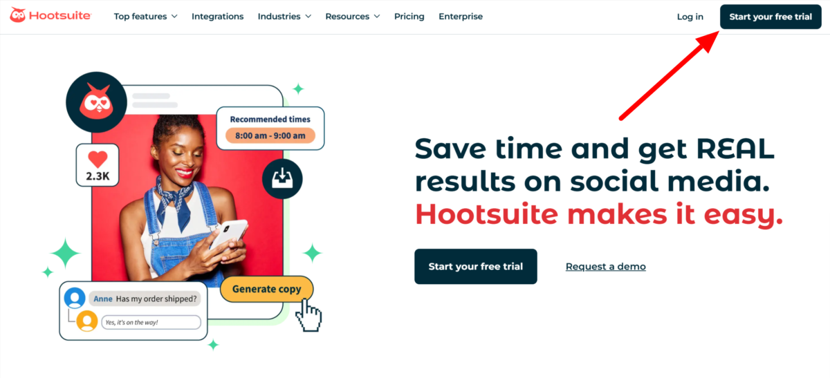 Selecting "Start your free trial" on the Hootsuite homepage.