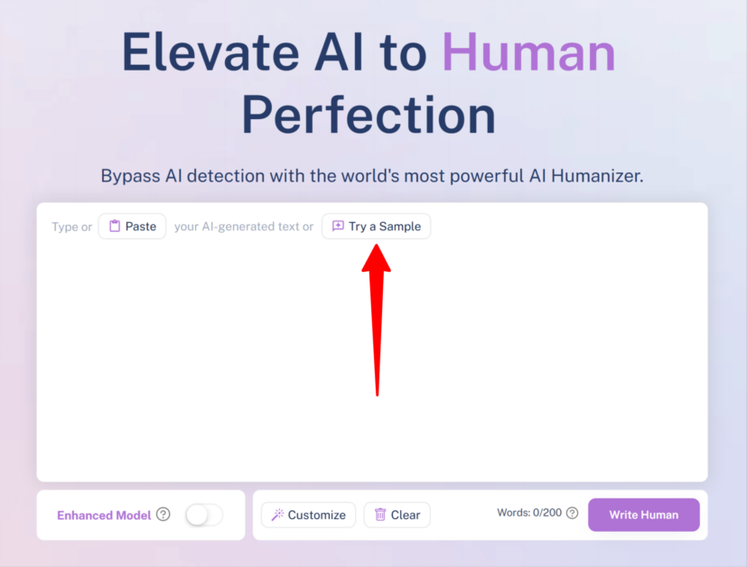 Selecting "Try a Sample" on Writehuman's AI Humanizer tool.