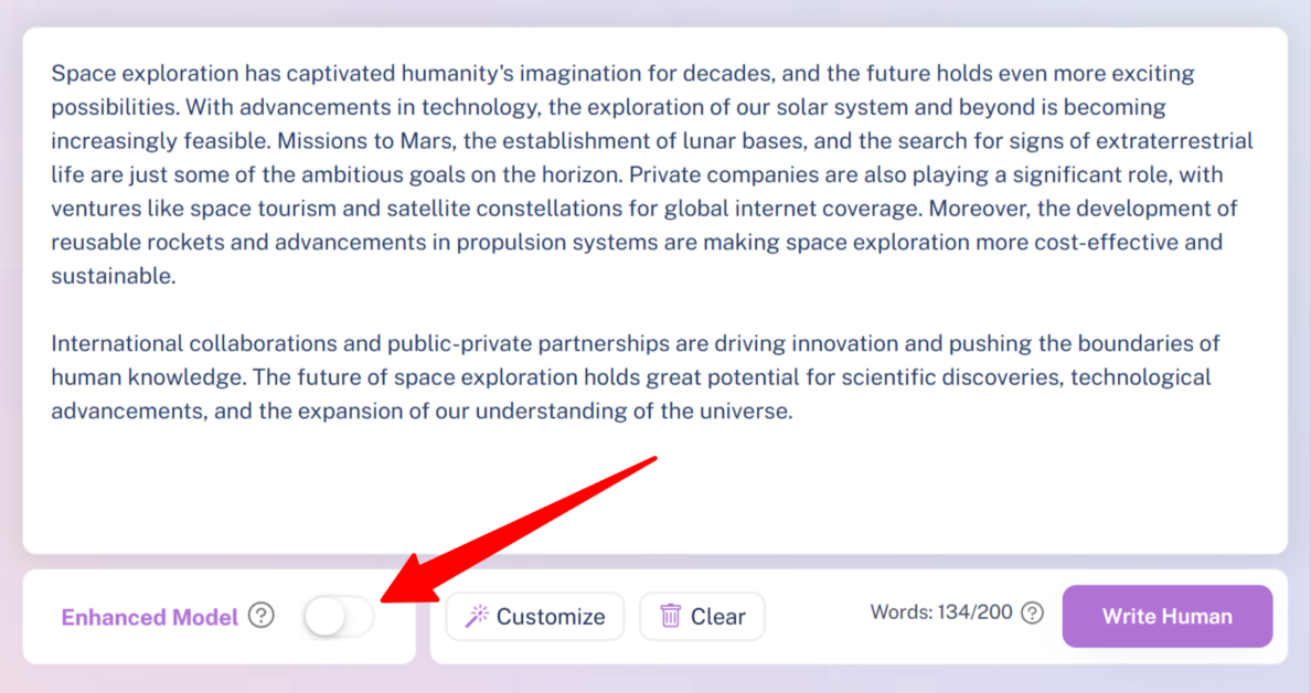 Turning on the "Enhanced Model" when using the AI Humanizer on Writehuman.