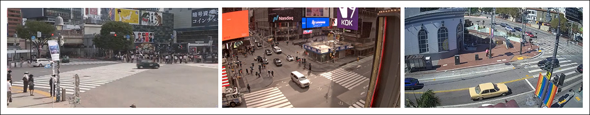 The three crossings used in the study: Shibuya Crossing in Tokyo, Japan; Broadway, New York; and Castro District, San Francisco. Source: https://arxiv.org/pdf/2501.15653