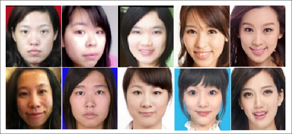 Dataset examples from the 2020 paper 'Asian Female Facial Beauty Prediction Using Deep Neural Networks via Transfer Learning and Multi-Channel Feature Fusion'. Source: https://www.semanticscholar.org/paper/Asian-Female-Facial-Beauty-Prediction-Using-Deep-Zhai-Huang/59776a6fb0642de5338a3dd9bac112194906bf30