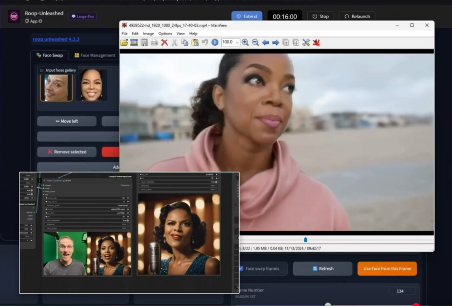 Examples of ROOP Unleashed and LivePortrait (inset lower left), from Bob Doyle's content stream at YouTube. Sources: https://www.youtube.com/watch?v=i39xeYPBAAM and https://www.youtube.com/watch?v=QGatEItg2Ns