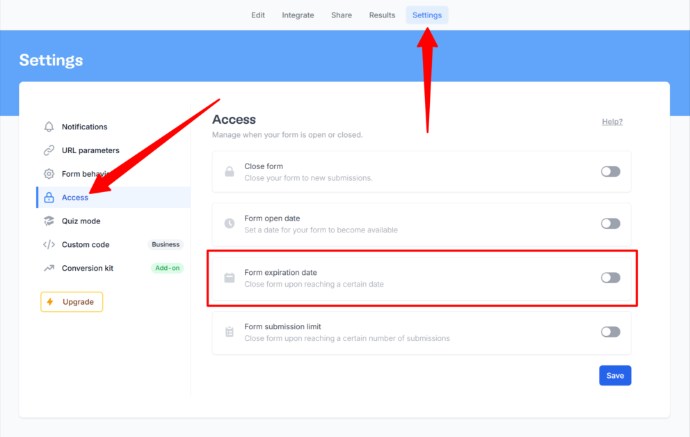 Editing the form access in the settings of a form made with Fillout.