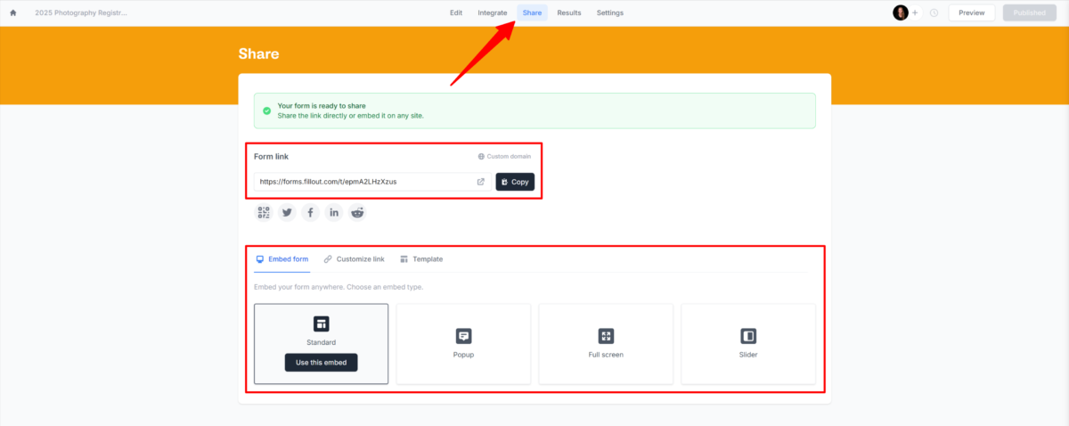 Generating a form link and embedding a form from the "Share" tab using Fillout.