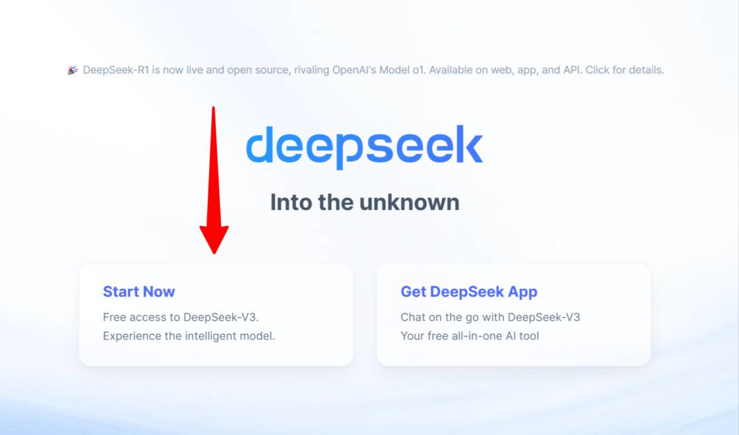 Selecting "Start Now" on the DeepSeek homepage.