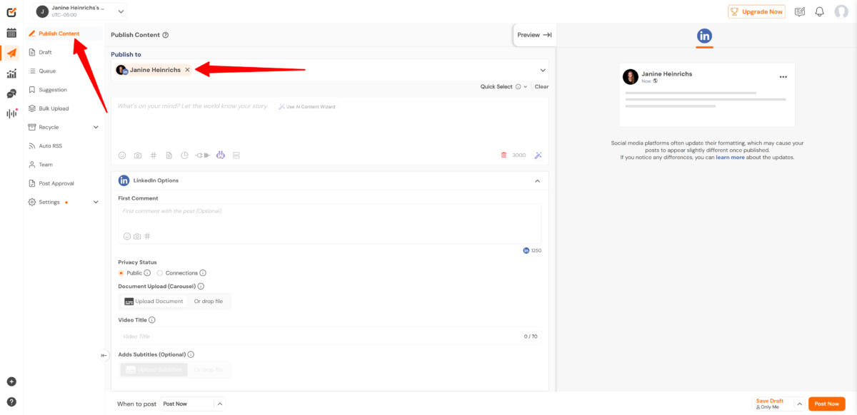 Selecting the social media account to publish content to on socialchamp.