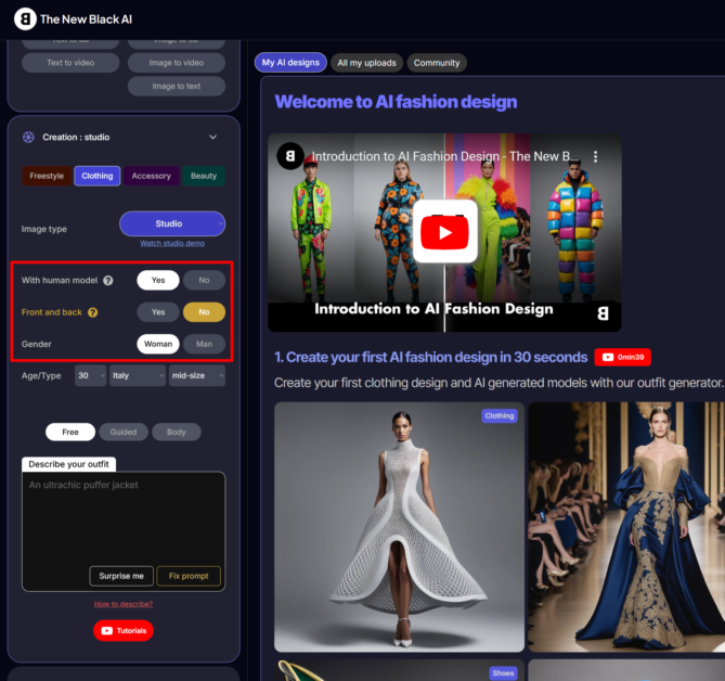 Choosing the model type, gender, and whether or not to generate the front and back of the clothing with The New Black AI.