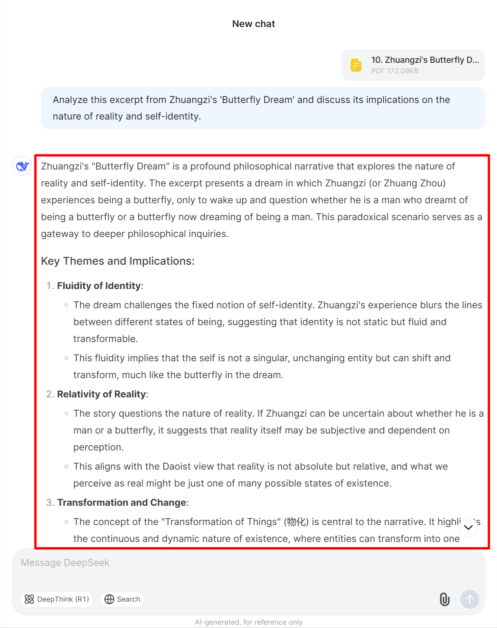 DeepSeek effecitvely analyzing a PDF document of Zhuangzi’s "Butterfly Dream" that had been uploaded.