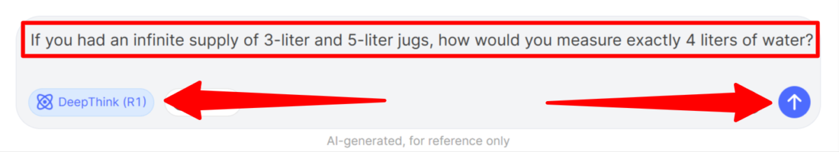 Turning on DeepThink (R1) and asking DeepSeek a reasoning question.