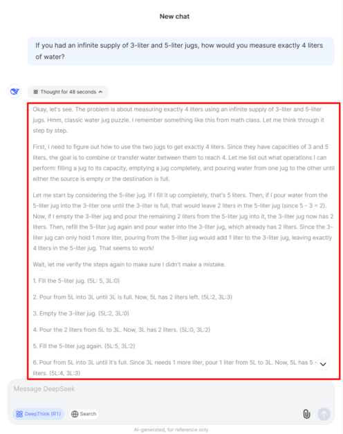 DeepSeek solving a problem using the R1 model.