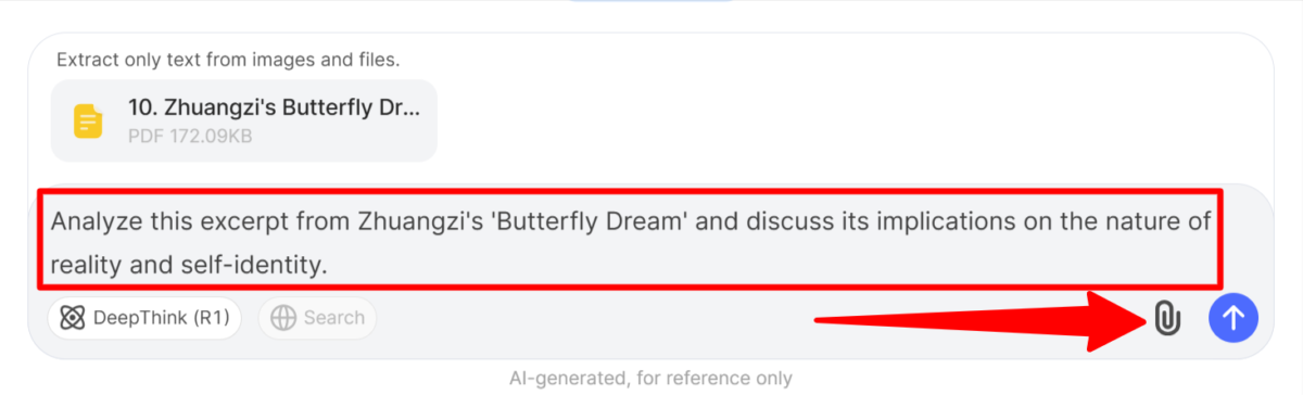 Uploading a PDF document of Zhuangzi’s "Butterfly Dream" to DeepSeek and asking it to analyze it.