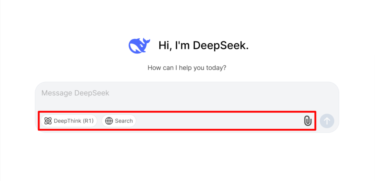 Highlighting DeepSeek-R1, web search, and uploading images and documents on DeepSeek.