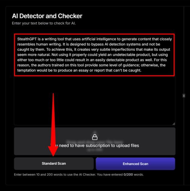 Performing a standard AI detection scan on text that has been humanized with StealthGPT.