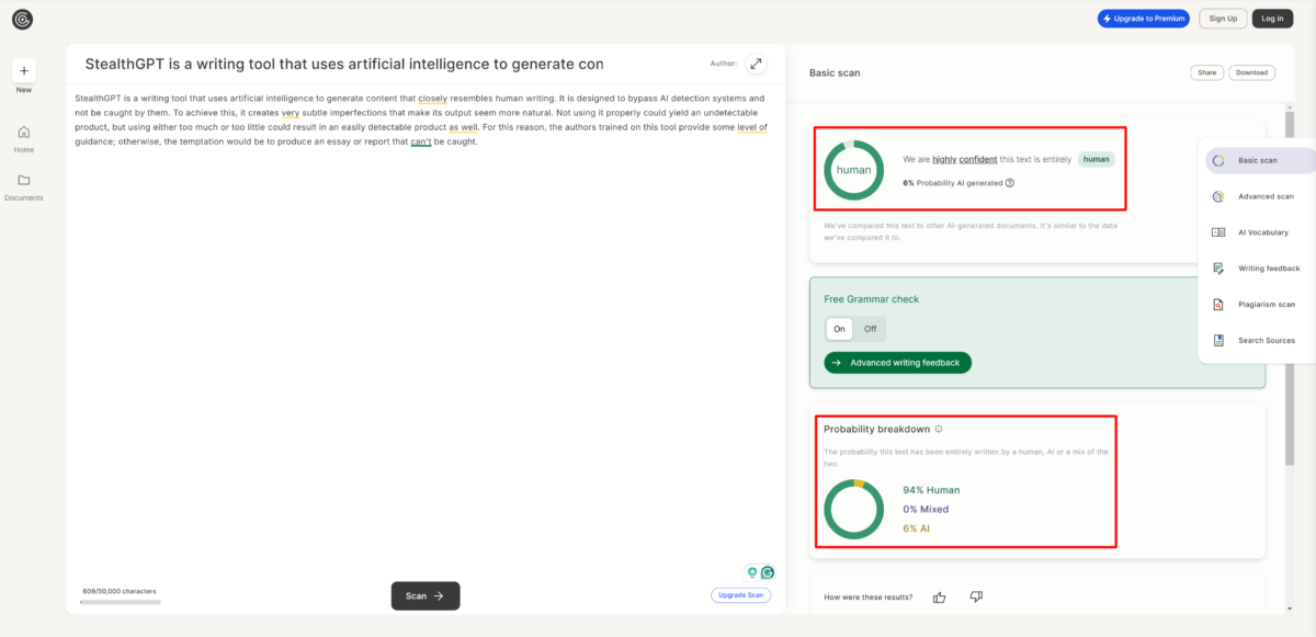 GPTZero identifying humanized content that's been generated with StealthGPT as human.