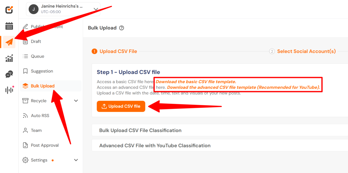 Uploading a CSV file to socialchamp for batch content planning.