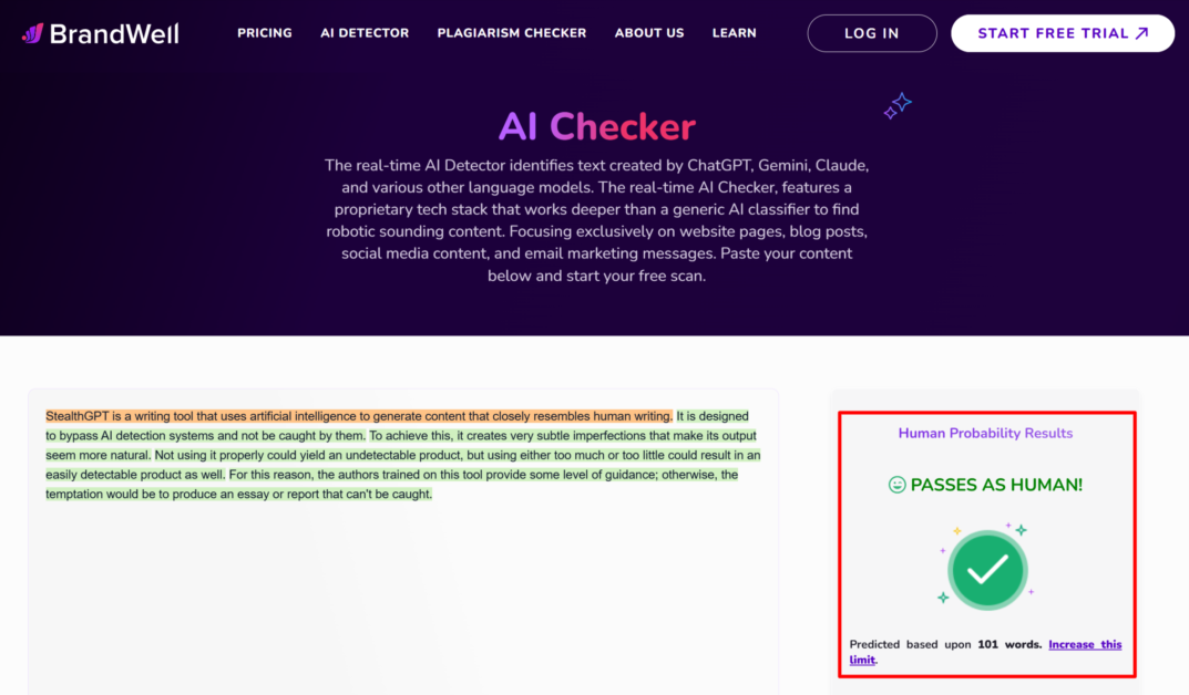 Using BrandWell's AI checker to determine the authenticity of humanized content generated with StealthGPT.