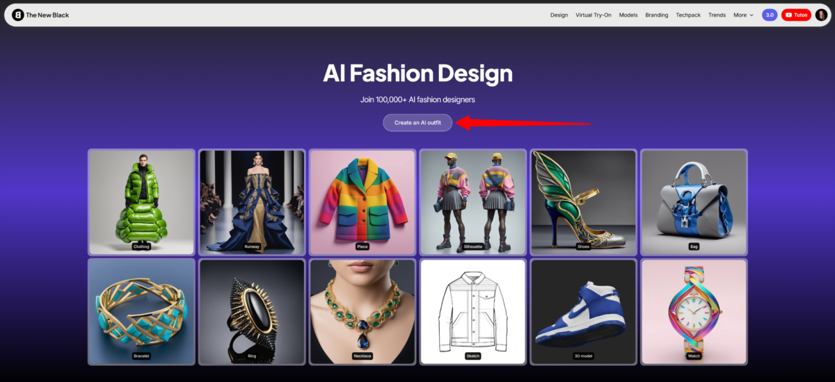 Selecting "Create an AI outfit" on The New Black AI.