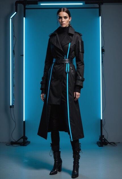 An Italian woman wearing a high-tech cyberpunk streetwear outfit generated with The New Black AI.