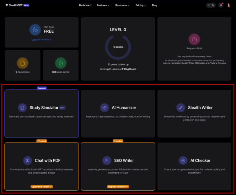 StealthGPT dashboard emphasizing the features.