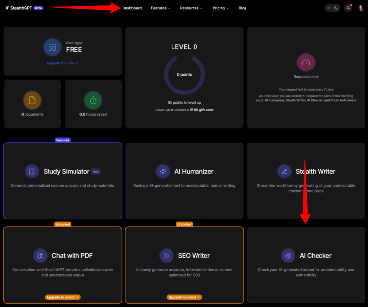 Selecting the StealthGPT AI Checker from the features on the dashboard.