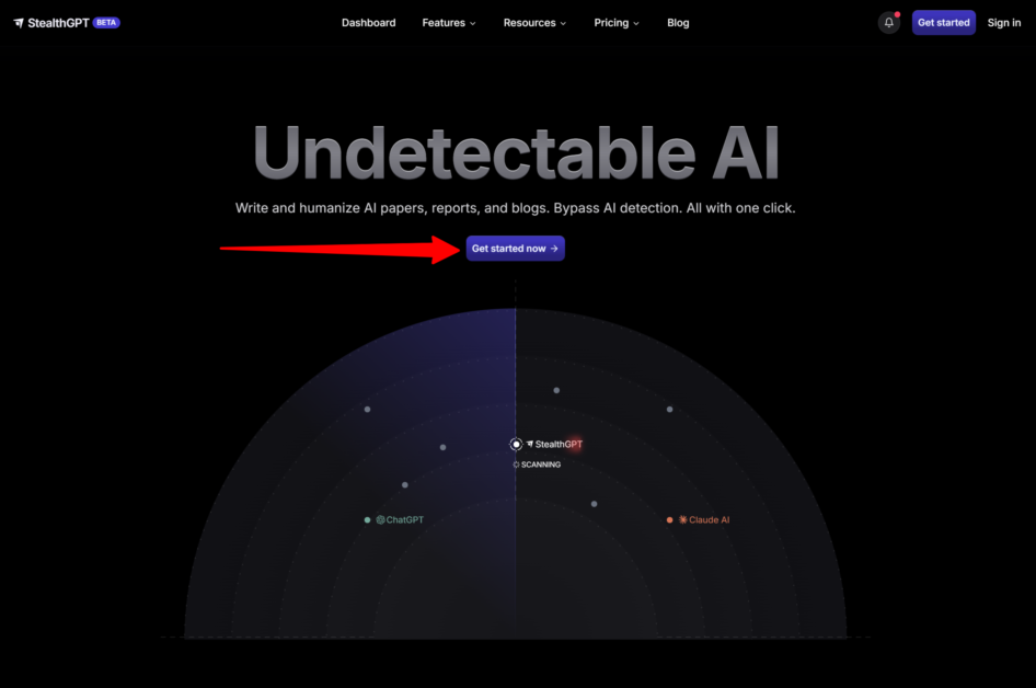 Clicking "Get Started Now" on the StealthGPT homepage.